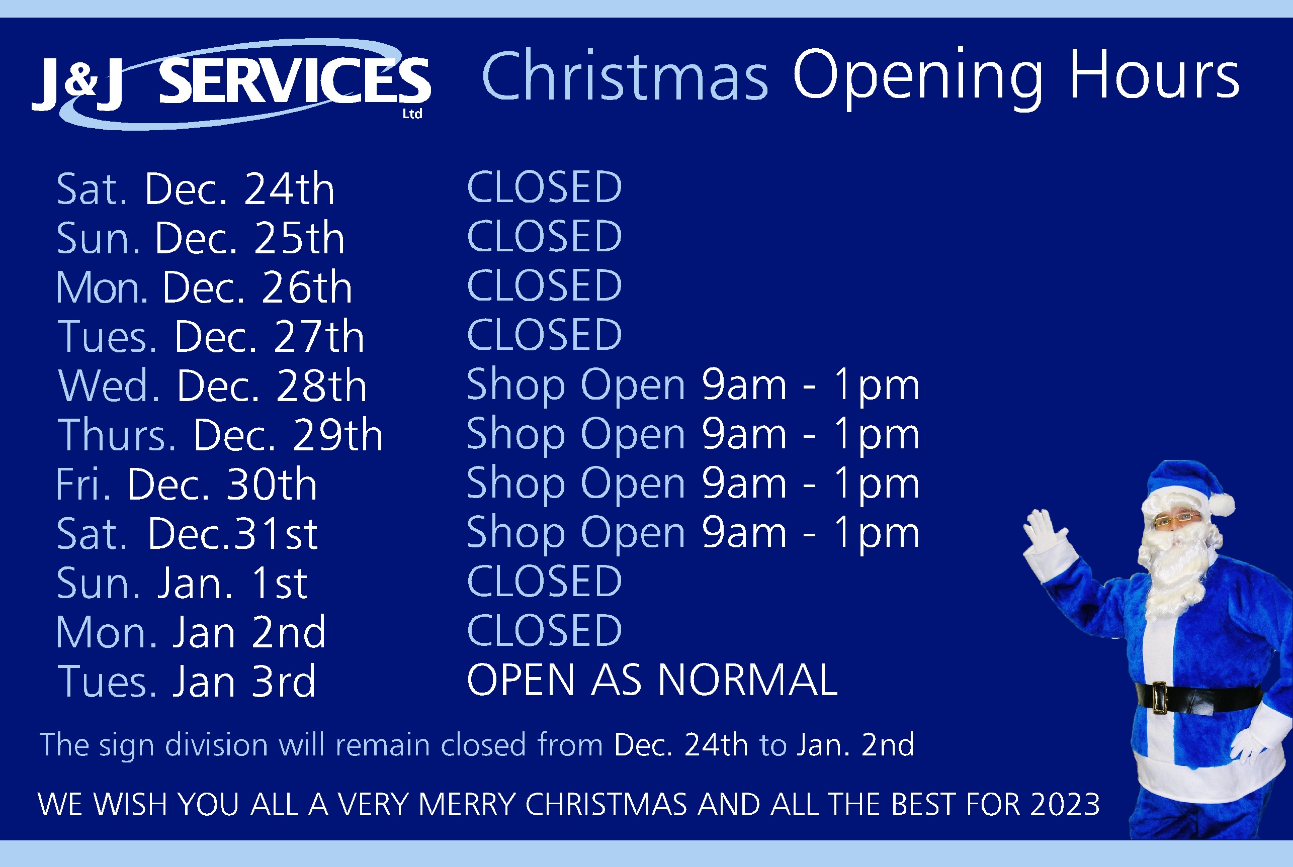 JandJ Christmas Opening Hours